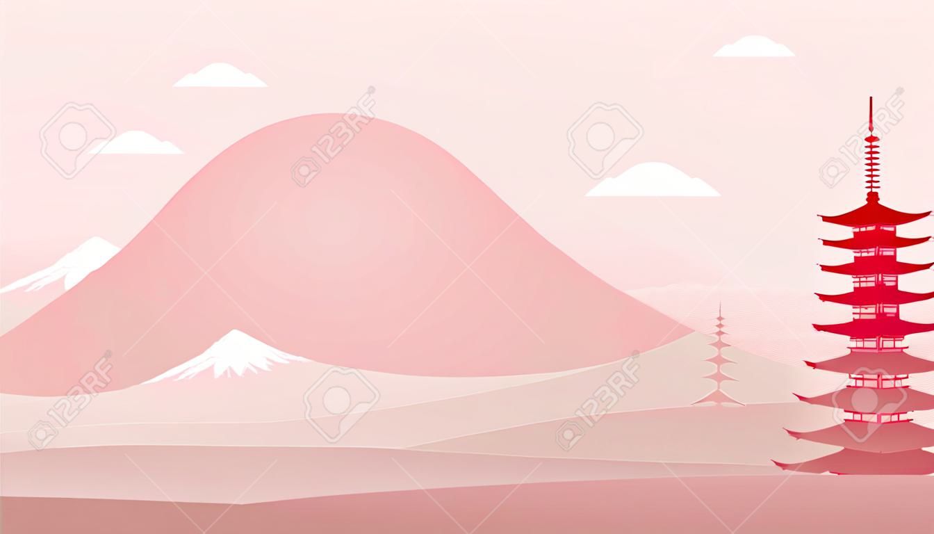 Japanischer Landschaftshintergrund mit Berg Fuji, Sonnenaufgang und Pagode. Reisepostkartenposter von Japan in hellrosa Farbgamma. Werbung Tour Panorama der weltberühmten Sehenswürdigkeiten.