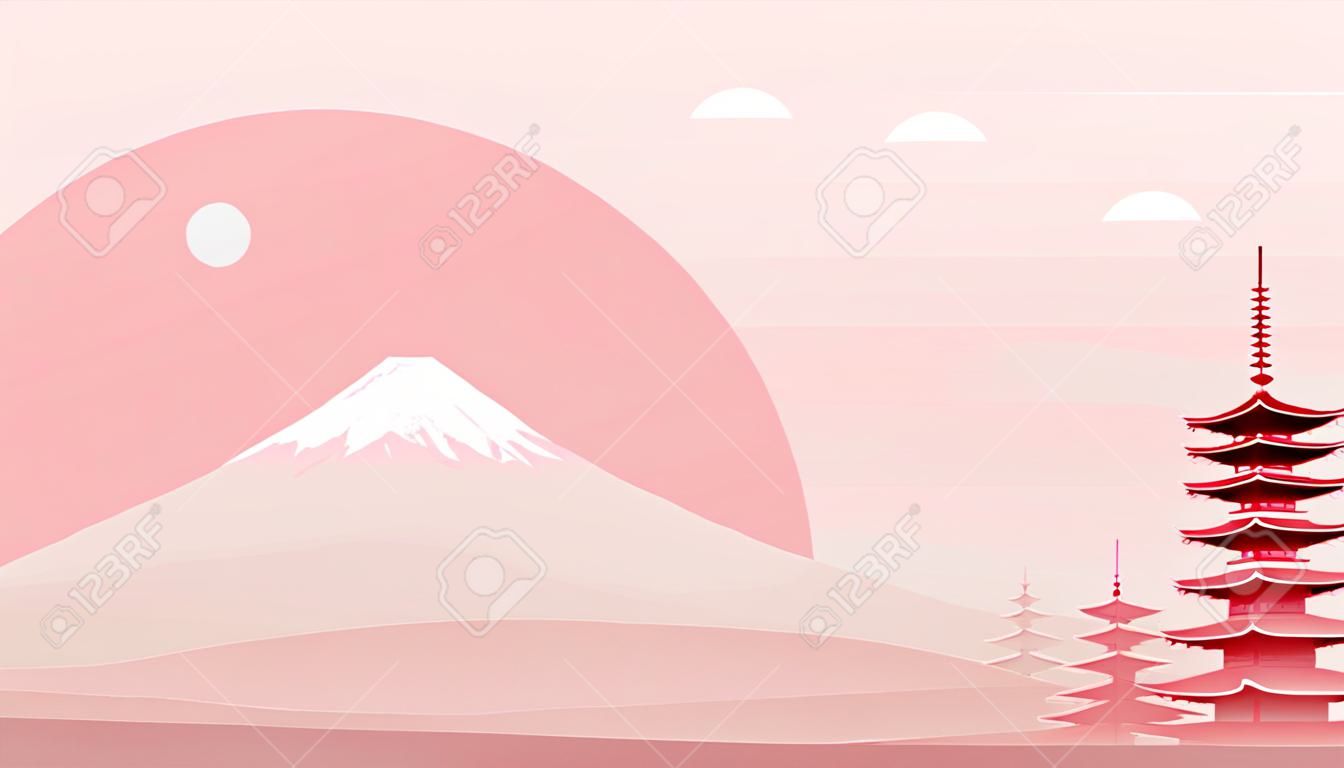 Fondo giapponese del paesaggio con la montagna Fuji, l'alba e la pagoda. Poster da cartolina da viaggio del Giappone nella gamma di colori rosa chiaro. pubblicità Tour panoramico di monumenti famosi in tutto il mondo.
