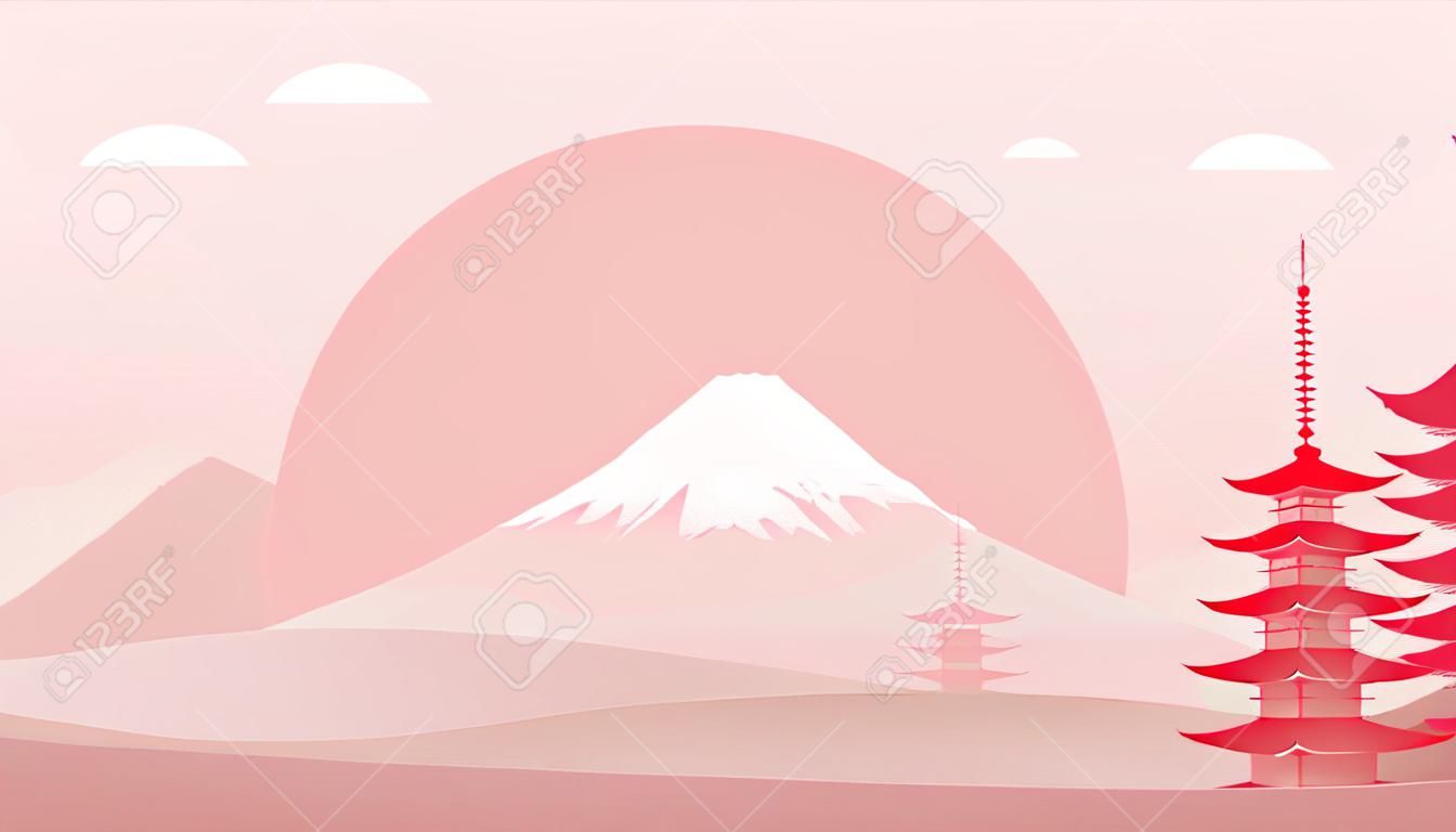 Fundo de paisagem japonesa com montanha Fuji, nascer do sol e pagode. Cartaz de cartão postal de viagem do Japão em gama de cor rosa clara. publicidade Panorama de monumentos mundialmente famosos.