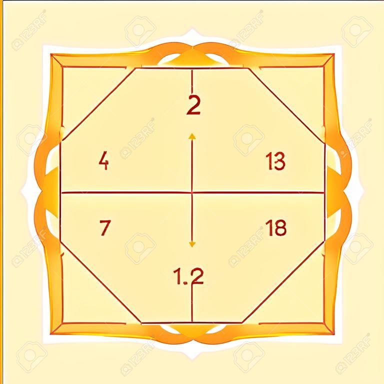 인도 북부 다이아몬드 스타일의 베다 점성술 출생 차트 템플릿입니다. Jyothish 계산기 양식. 힌두교 점성술 별자리 지도. 얀트라 모양의 라그나 다이어그램.