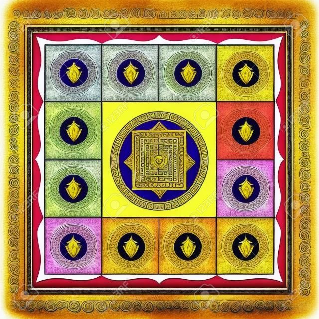Modèle de carte de naissance d'astrologie védique dans le style indien du sud. Formulaire de calculatrice Jyothish. Cartes de l'horoscope astrologique hindou. Diagramme de Lagna en forme de yantra.