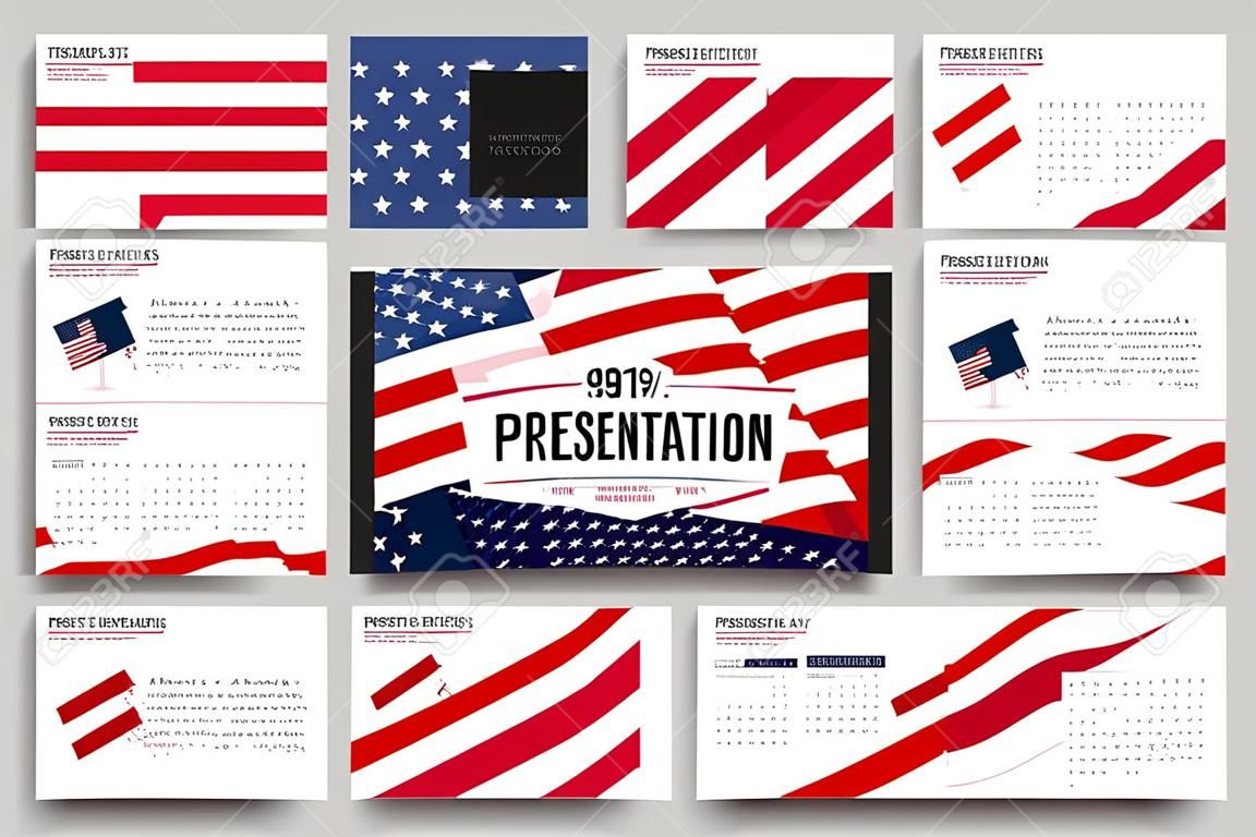 Conjunto de 9 modelos vetoriais para slides de apresentação. Fundo do dia dos presidentes com bandeira americana, ilustração vetorial abstrata