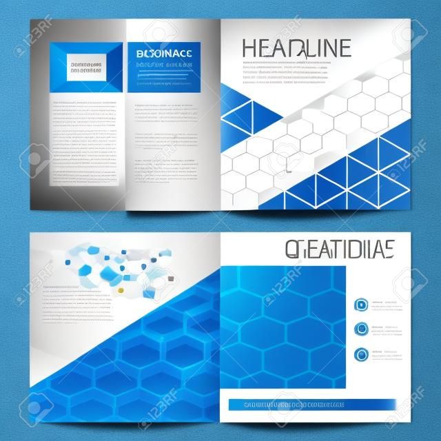 正方形のデザインの二重折りパンフレット、雑誌、チラシ、小冊子や年次報告書のためのビジネステンプレート。リーフレットカバー、抽象的なフラットレイアウト、簡単に編集可能なベクトル。化学パターン、青上の六角形分子構造。医学、科学技術の概念。