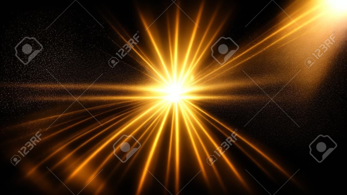 Light rays with lens flare and bokeh effect on dark background.