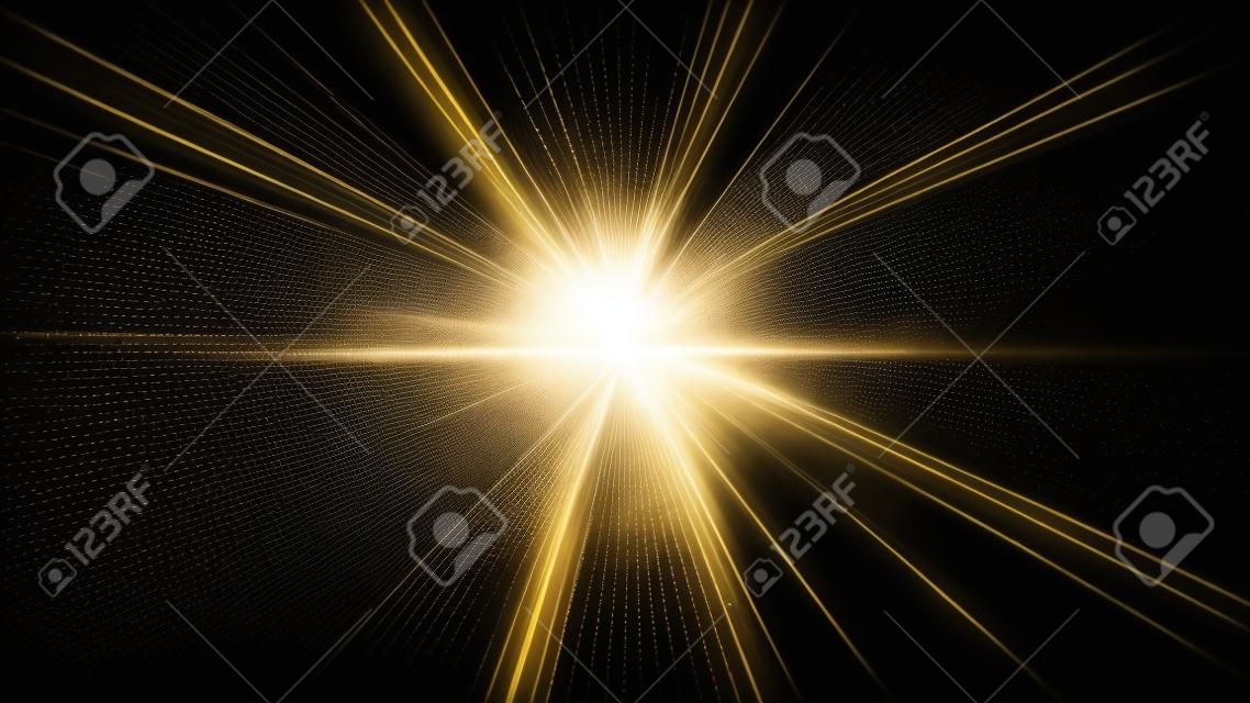 Light rays with lens flare and bokeh effect on dark background.