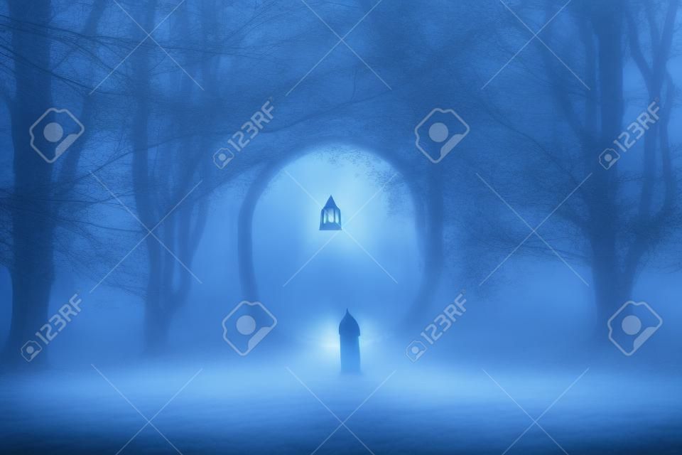 Upiorna postać w kapturze, stojąca przed magicznym świecącym portalem unoszącym się w lesie. w tajemniczym, mglistym, zimowym lesie.