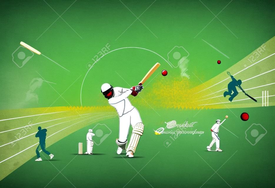 Motif coloré abstrait avec batteur et melon jouant au fond du championnat de cricket. Utiliser pour la couverture, l'affiche, le modèle, la brochure, la décoration, le dépliant, la bannière.