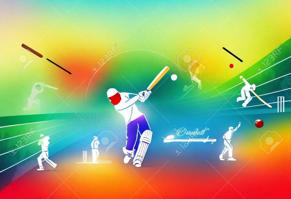 Patrón de colores abstracto con bateador y jugador de bolos jugando fondo de campeonato de cricket. Uso para portada, póster, plantilla, folleto, decorado, volante, pancarta.