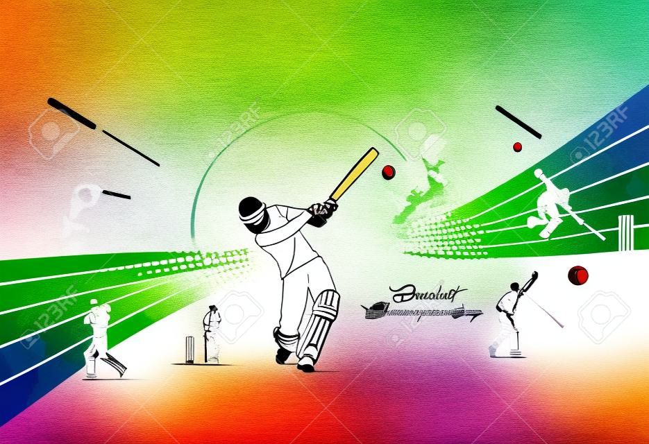 Patrón de colores abstracto con bateador y jugador de bolos jugando fondo de campeonato de cricket. Uso para portada, póster, plantilla, folleto, decorado, volante, pancarta.