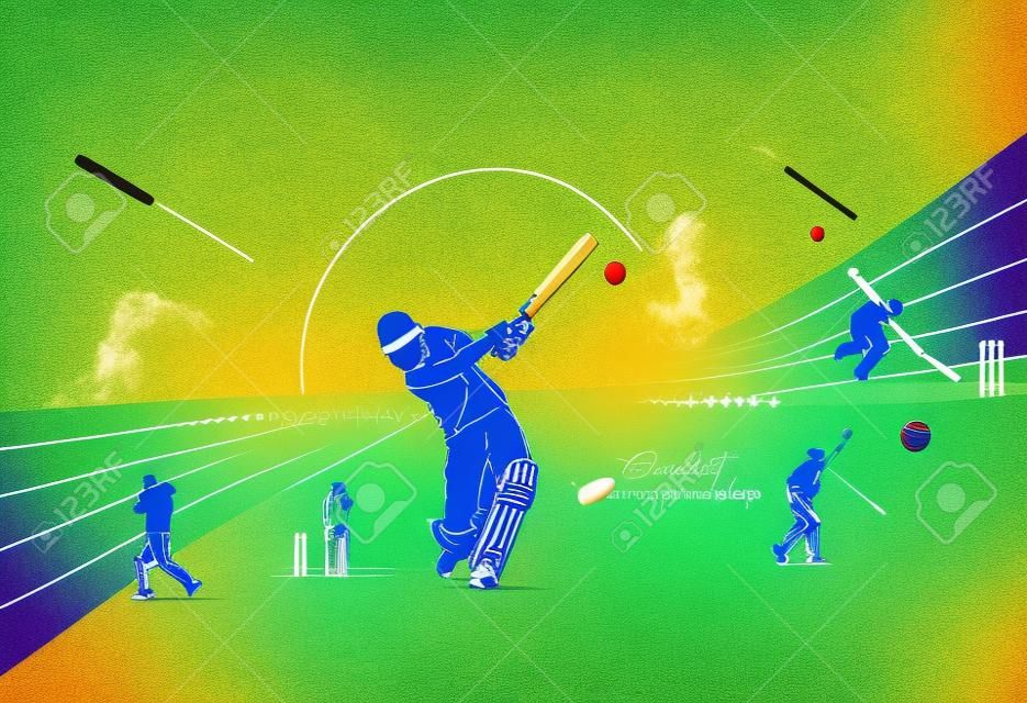 Abstract kleurrijk patroon met batsman en bowler spelen cricket kampioenschap achtergrond. Gebruik voor cover, poster, sjabloon, brochure, versierd, flyer, banner.