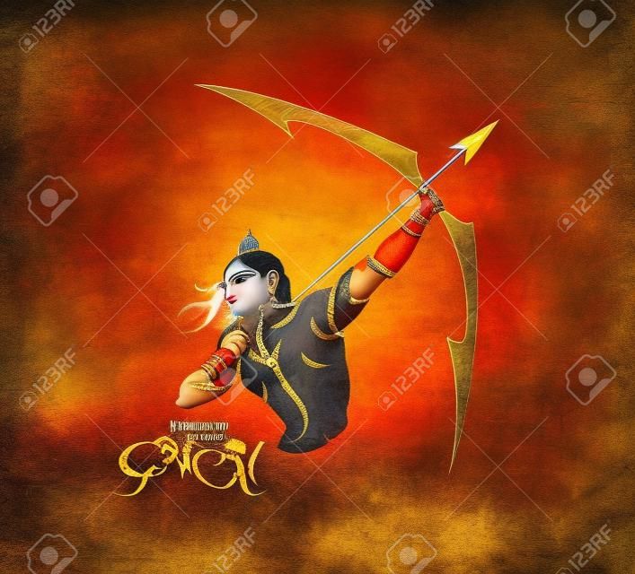 Lord Rama with arrow killing Ravana in Navratri festival of India poster with hindi text Dussehra
