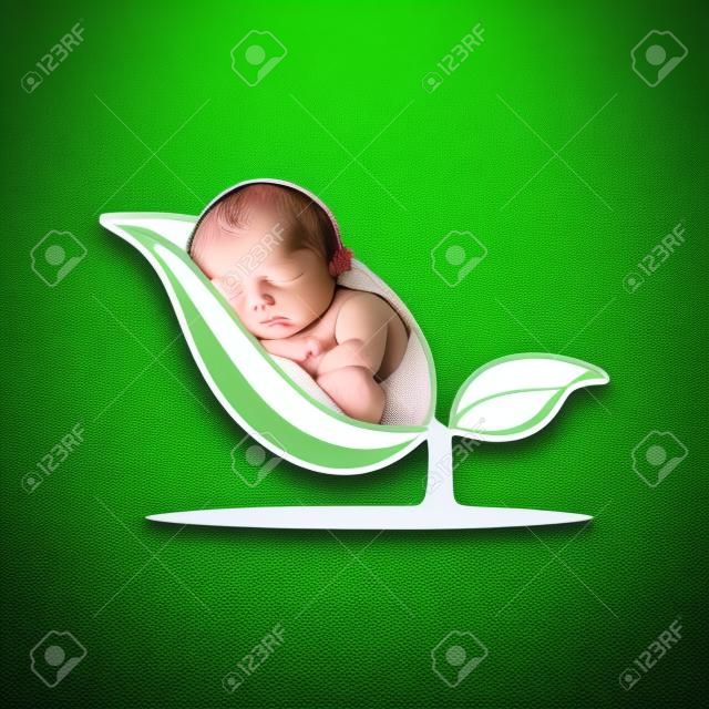 Sleeping baby over the leaf signage template design.