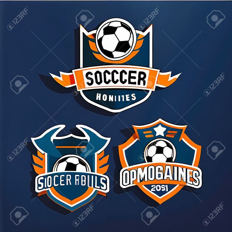 축구 축구 배지 로고 디자인 템플릿 | 파란색 배경에 고립 된 스포츠 팀 아이덴티티 벡터 일러스트