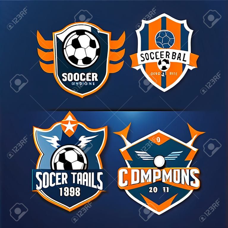 축구 축구 배지 로고 디자인 템플릿 | 파란색 배경에 고립 된 스포츠 팀 아이덴티티 벡터 일러스트