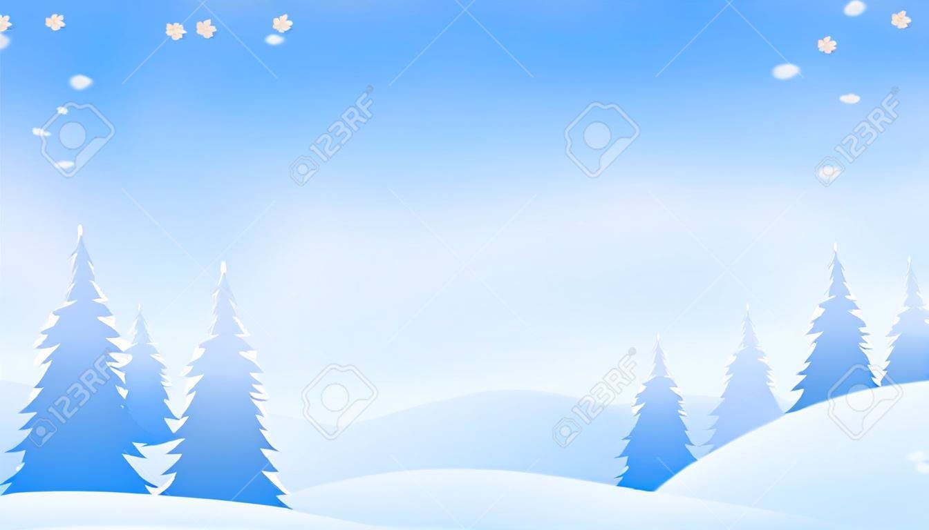 Winter landscape with snow and snowy fir trees. vector design illustration. Seasonal nature background. Cold snow hill.