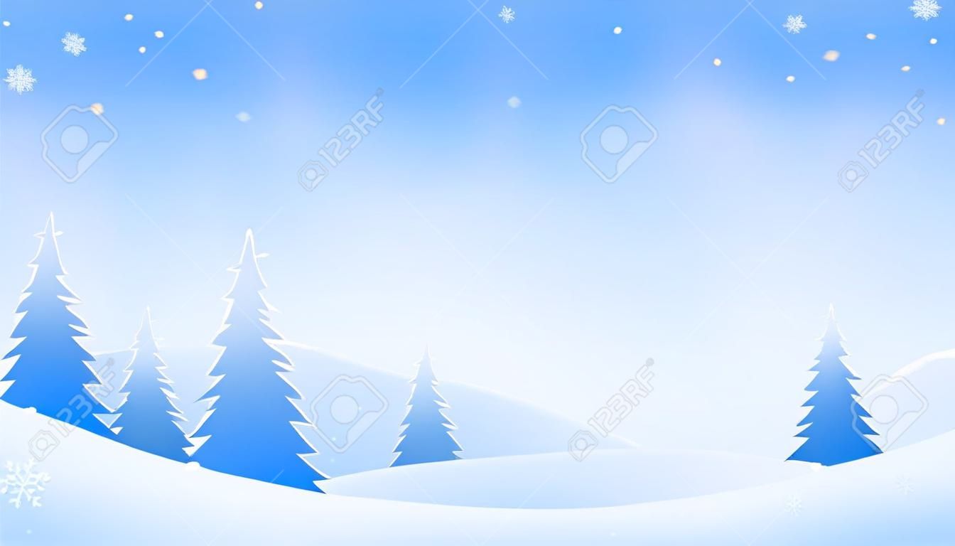 Winter landscape with snow and snowy fir trees. vector design illustration. Seasonal nature background. Cold snow hill.