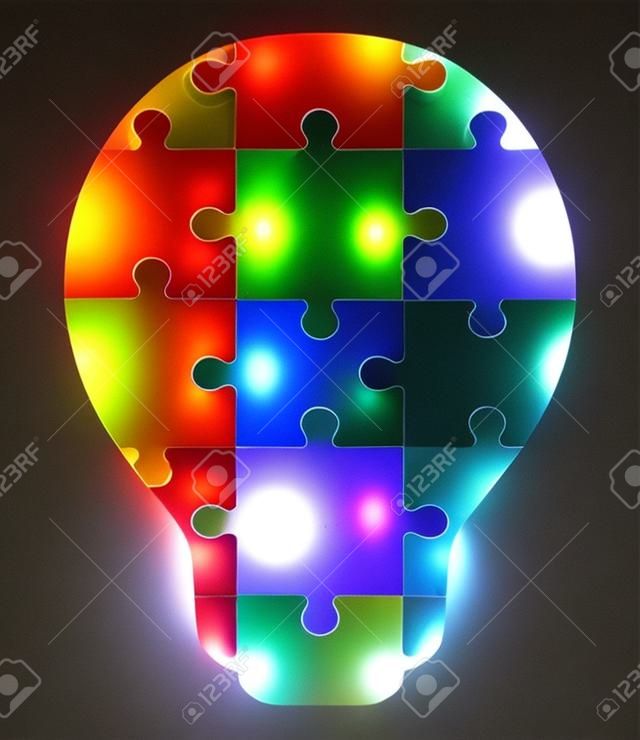Ein Teil des Puzzles in Form von Glühbirnen Kreatives Design mit bunten Puzzle-Stücke