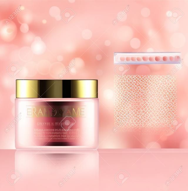 Prodotti cosmetici, crema per il trattamento del viso. Crema idratante o liquido per il corpo sul modello rosa dorato con scintillii.