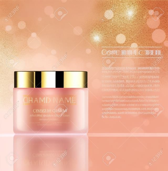 Cosmetic products,  facial treatment cream. Moisturizing cream or liquid for body on golden pink template with sparkles.