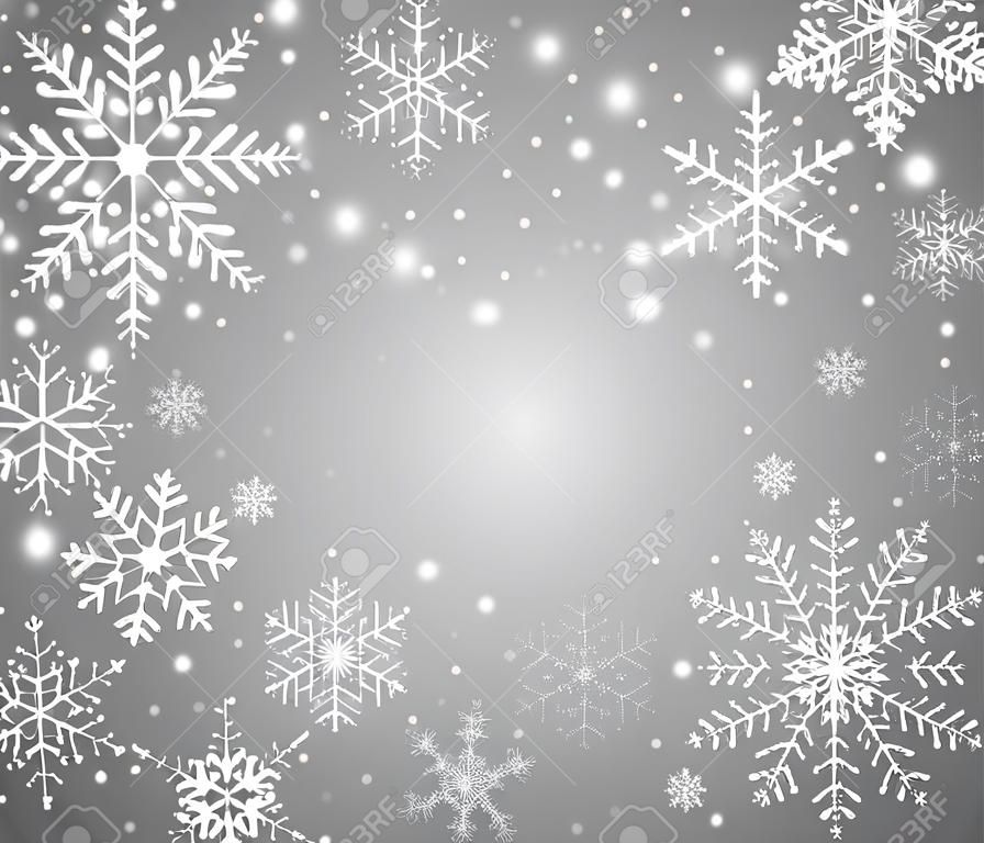 落雪以不同的形狀。與雪花的聖誕節雪在透明背景。降雪。白色的雪花在空中飛舞。