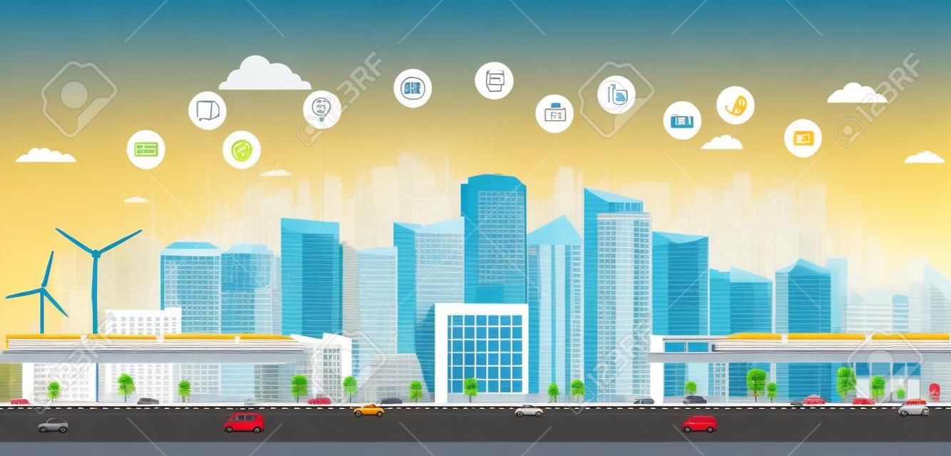 Smart City met bedrijfsborden. Online concept moderne stad. Stadslandschap met vervoersinfrastructuur