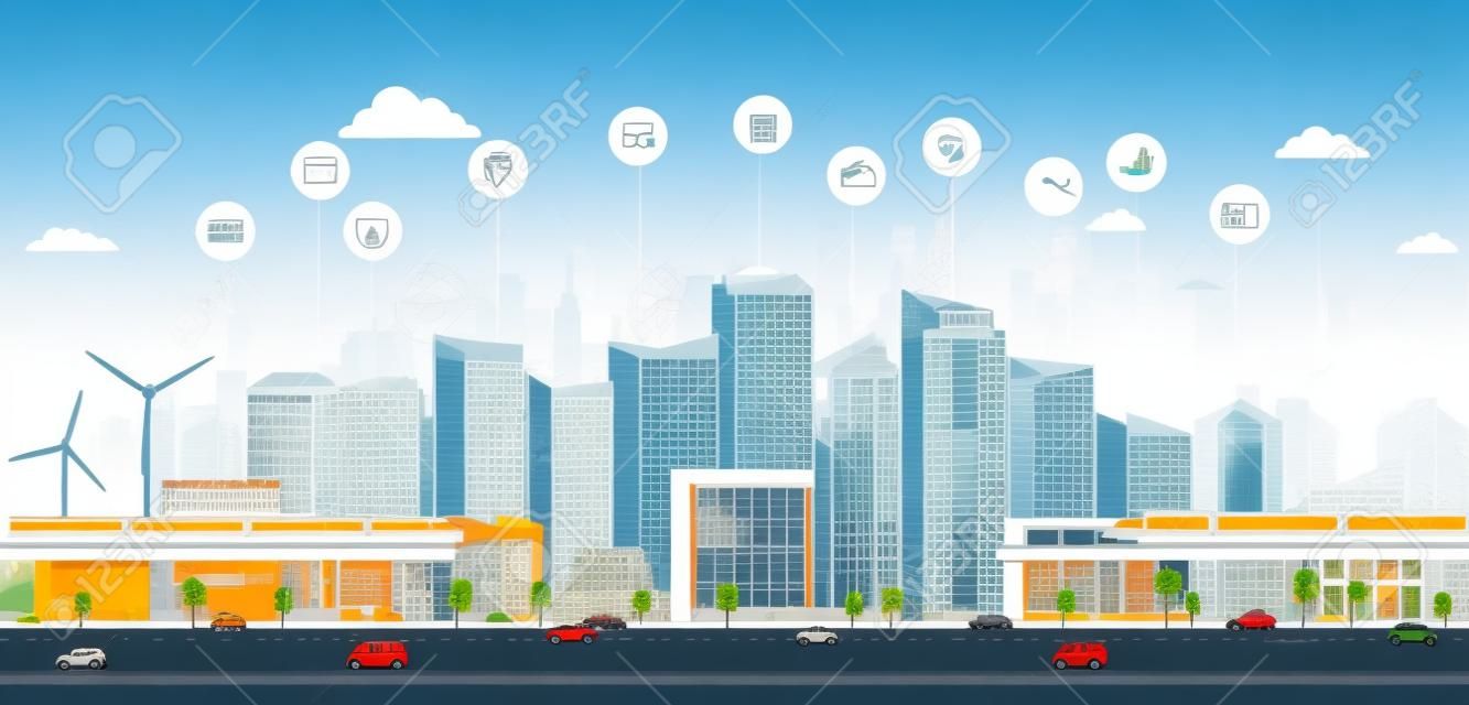 Smart City con segni di affari. Città moderna di concetto online. Paesaggio urbano con infrastrutture di trasporto