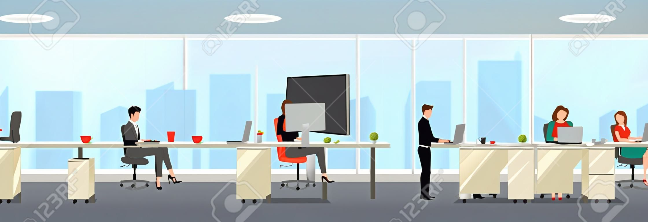 Modern office interior with employees. Creative office workspace with big window, furniture in interior, desktop, laptop.