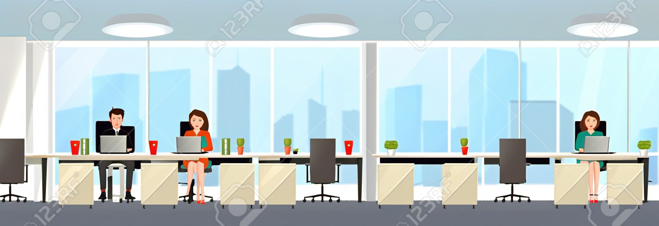 Modern office interior with employees. Creative office workspace with big window, furniture in interior, desktop, laptop.