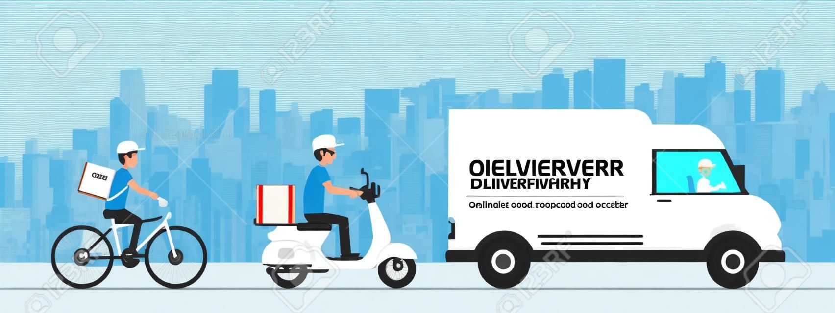 Online delivery service concept order goods and food to home, office and warehouse. Truck, scooter and bicycle courier.