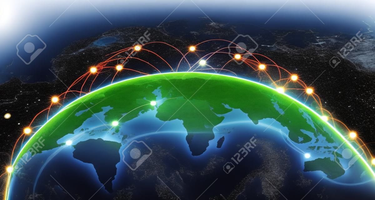 Mapa planety z globalnymi połączeniami sieci społecznościowych. internet satelitarny, nowoczesne technologie transmisji danych w internecie.