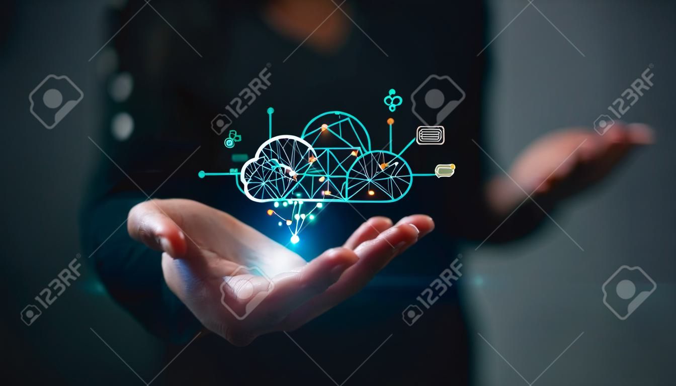 Businesswoman with cloud computing diagram show on hand. Cloud technology. Data storage. Networking and internet service concept.