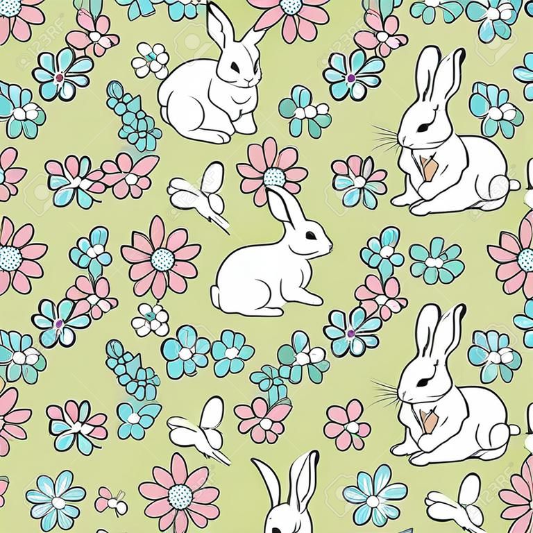 Modello vettoriale senza soluzione di continuità con coniglietti bianchi e fiori su sfondo verde. Disegno di carta da parati animale fiore rosa e blu.