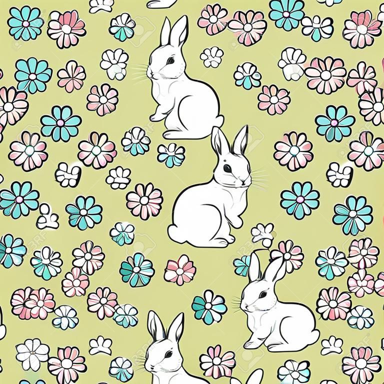 Seamless vector pattern with white bunnies and flowers on green background. Pink and blue flower animal wallpaper design.