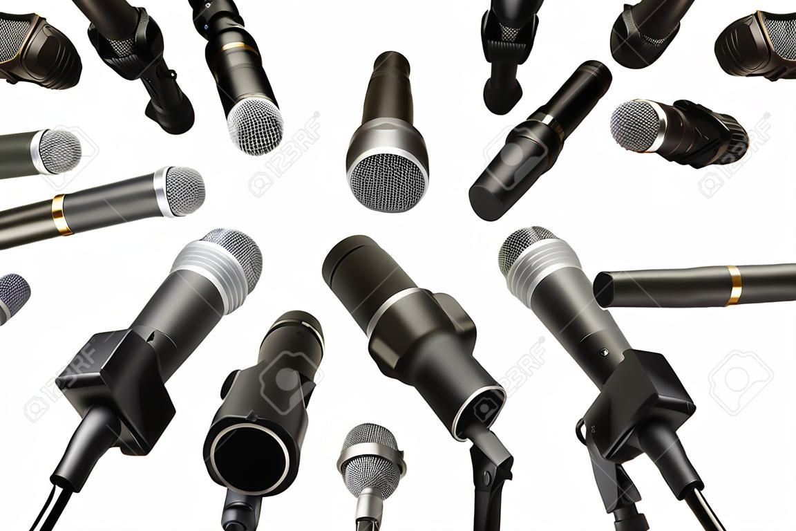 Micrófonos de la conferencia de prensa aislado en blanco