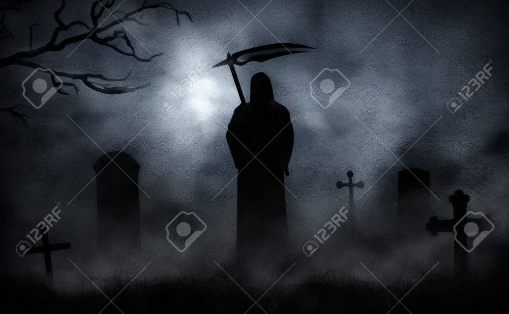 Silhouette of a grim reaper on a grave yard