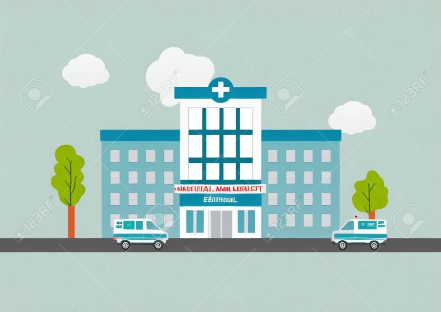 Ilustración del concepto médico con edificio de hospital y ambulancia en estilo plano. Adecuado para recursos infográficos.