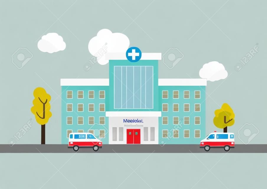 Ilustración del concepto médico con edificio de hospital y ambulancia en estilo plano. Adecuado para recursos infográficos.