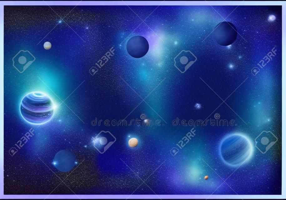 Raum mit Sternenuniversumsraum Unendlichkeit und Sternenlicht auf transparentem Hintergrund. Sternenklare Nachthimmelgalaxie und Planeten im Kosmosmuster. Vektor-Illustration