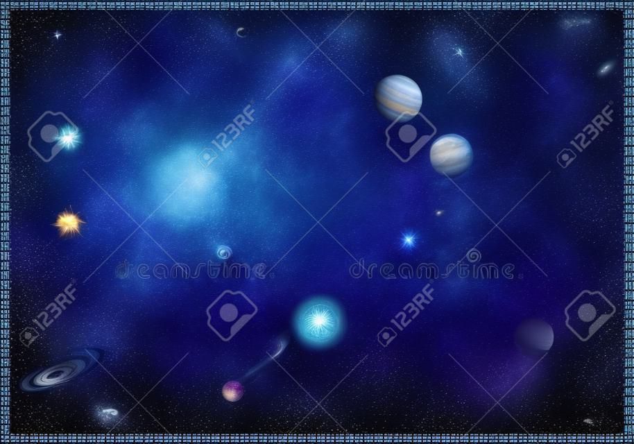 Spazio con stelle universo spazio infinito e luce delle stelle su sfondo trasparente. Galassia e pianeti del cielo notturno stellato nel modello del cosmo. Illustrazione vettoriale