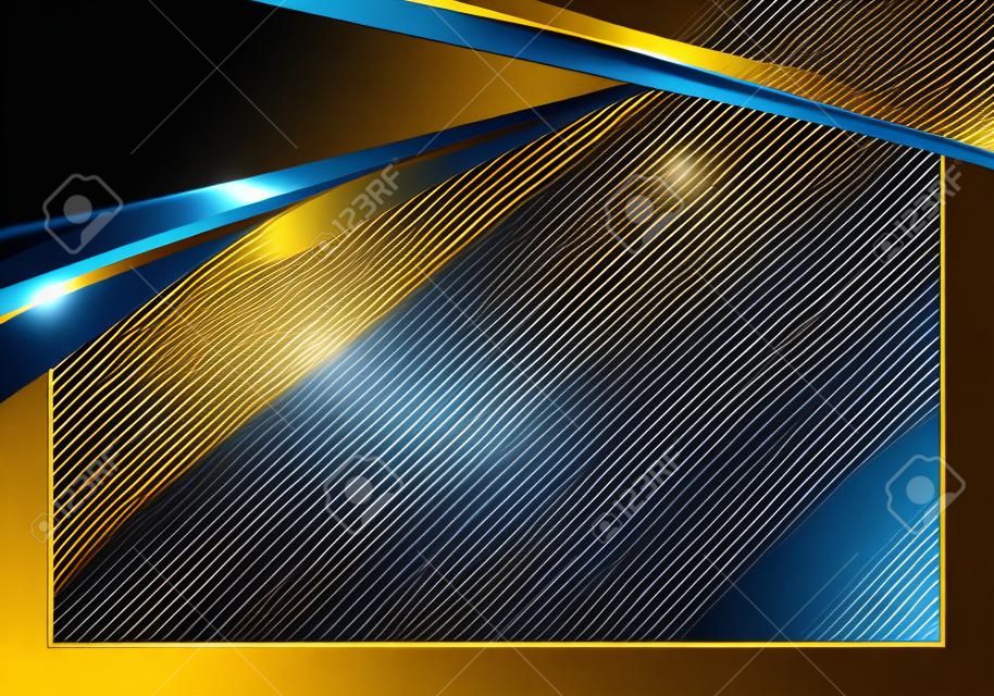 Modello astratto banner web design stile di lusso strisce metalliche blu e dorate con linee dorate ed effetti di luce su sfondo blu scuro. illustrazione vettoriale