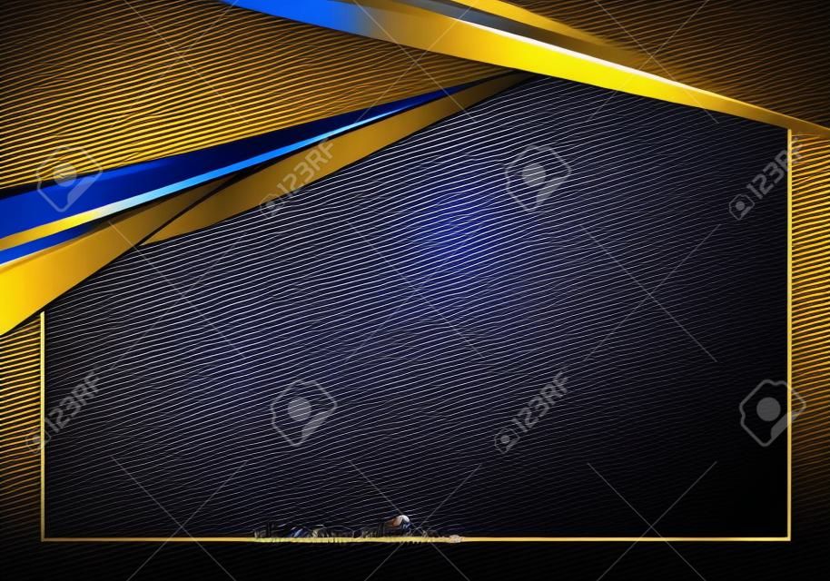 Abstrakcyjny szablon banner projektowanie stron internetowych luksusowy styl niebieskie i złote metaliczne paski ze złotymi liniami i efektem oświetlenia na ciemnoniebieskim tle. ilustracja wektorowa