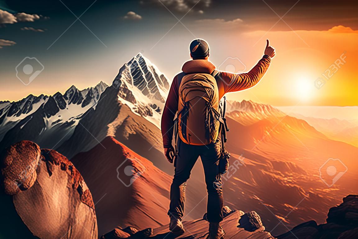 Homem bem sucedido caminhadas montanhas ao pôr do sol - Caminhar com mochila apontando o céu com o dedo foto de stock Determinação, Decisões, Montanha, Força, Escalada.