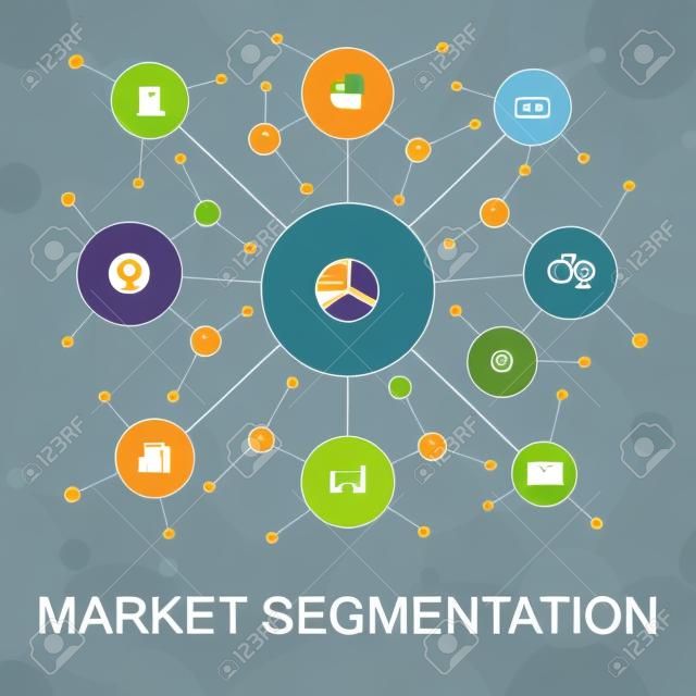 conceito da web da moda da segmentação do mercado com ícones. Contém ícones como demografia, segmento, benchmarking