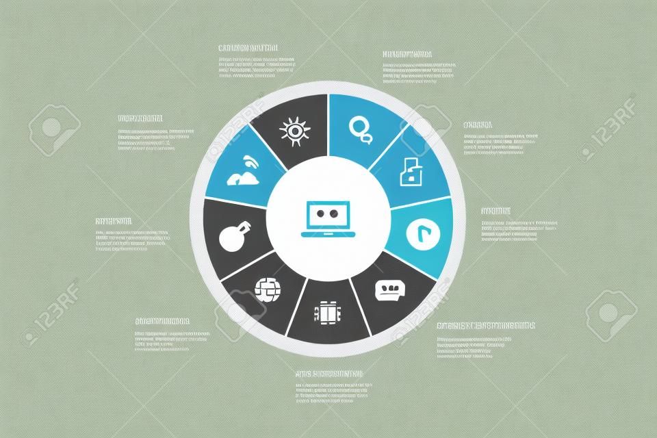 Estrategia digital Diseño de círculo de 10 pasos de infografía. Internet, SEO, marketing de contenidos, iconos de misión
