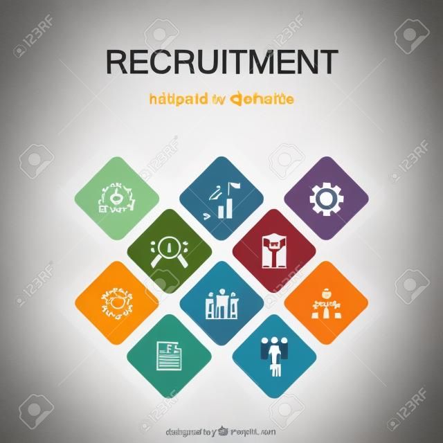 recruitment Infographic 10 option color design. career, employment, position, experience simple icons
