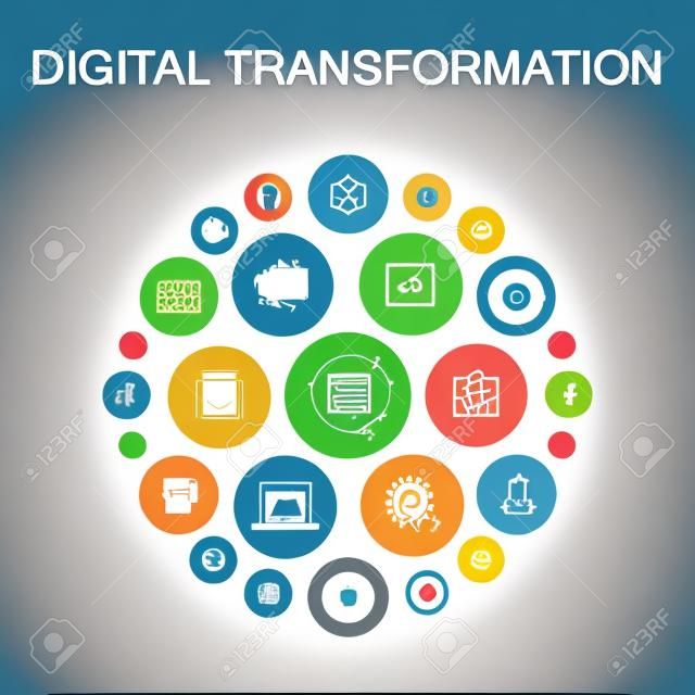 디지털 변환 인포 그래픽 원 개념입니다. 스마트 UI 요소 디지털 서비스, 인터넷, 클라우드 컴퓨팅, 기술 간단한 아이콘