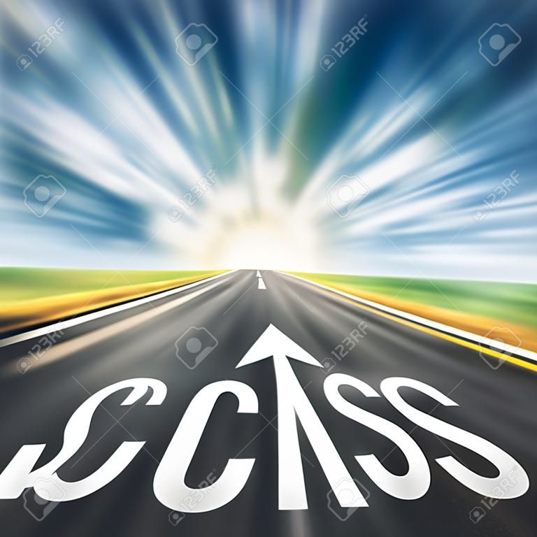 Driving on an empty asphalt road in blurred motion, towards the light and sign which symbolizing success. Concept for success.