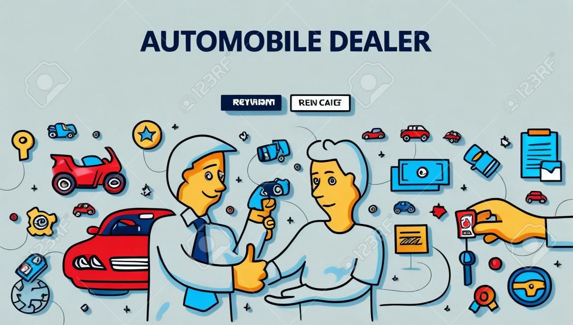 Doodle design style illustration of buying, selling new or used car, rent car, test drive. Automobile dealership modern line style concept for web banners, printed materials