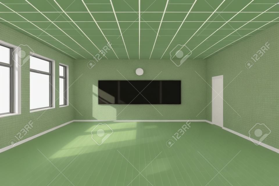 Modern üres osztályteremben 3D enteriőr világos árnyalatokkal a zöld tábla a falon. 3D renderelés