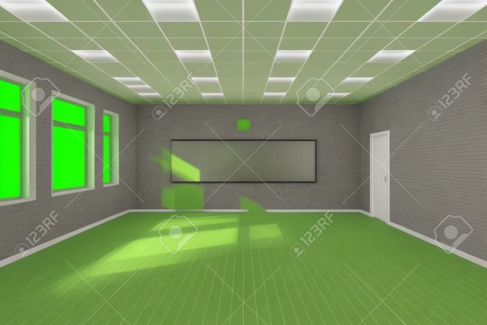 现代的空教室3D室内光的色调与墙壁上的3D渲染Green Chalkboard